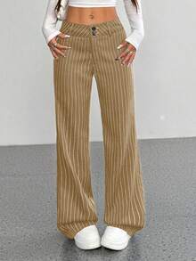 SHEIN Unity 女士腰部纽扣设计条纹阔腿休闲裤 - 摩卡棕 - 查看 1