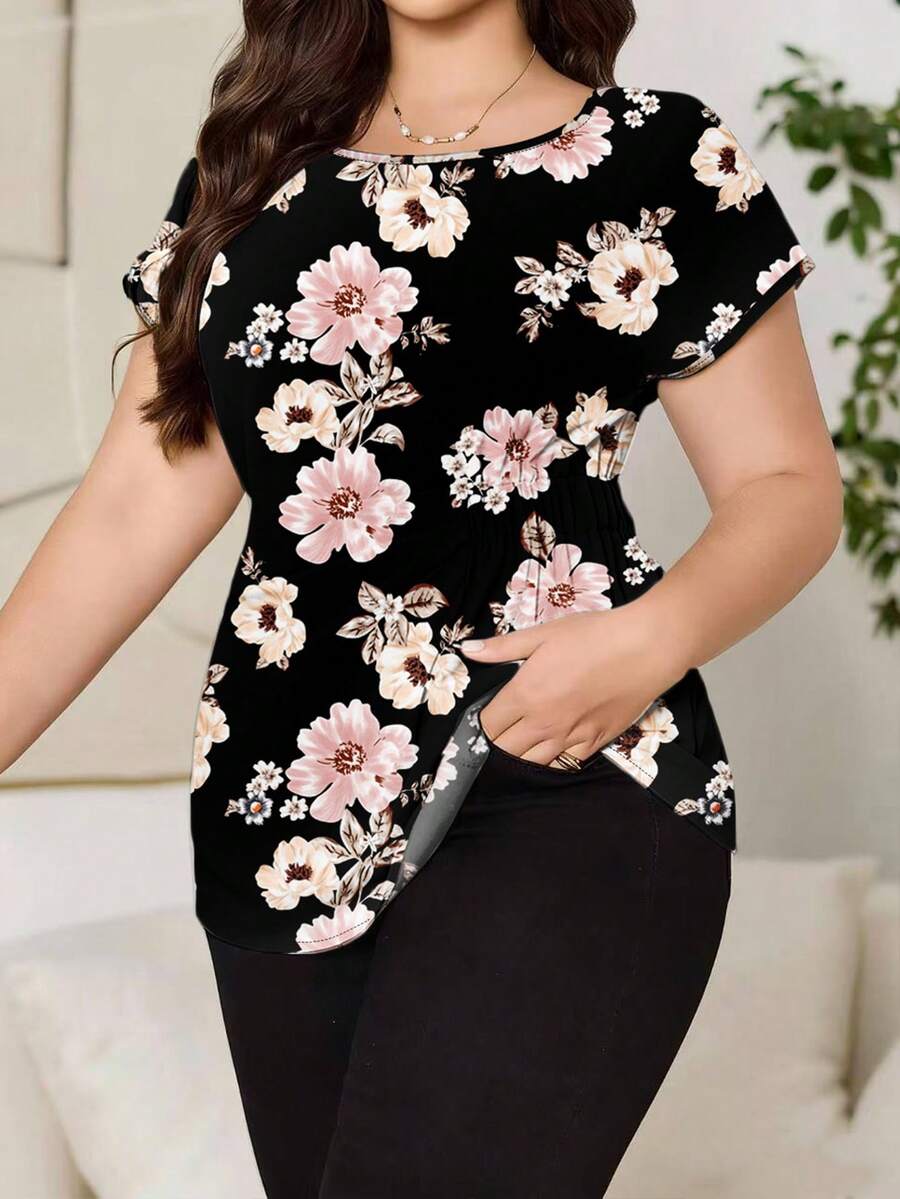 Reflora 大码女式碎花圆领短袖衬衫,休闲浪漫,适合春夏、办公、外出等场合。 - 白色 - 查看 1