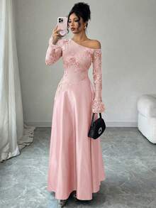 Modelyn 女士秋季棕色性感不对称肩部网纱刺绣长袖高腰A字连衣裙 - 粉色 - 查看 4