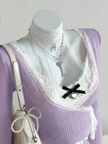 Elamini 两件套女士V领针织蕾丝边长袖上衣搭配蝴蝶结装饰蓬蓬裙，休闲甜美少女约会之夜装扮，适合圣诞派对、新年等场合，粉色 - 紫色 - 查看 3