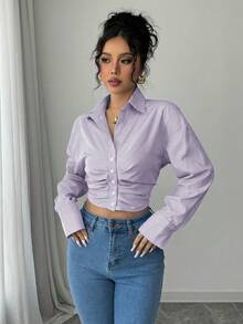 Selianne 女士休闲条纹短款褶皱长袖衬衫，春季 - 紫色 - 查看 5