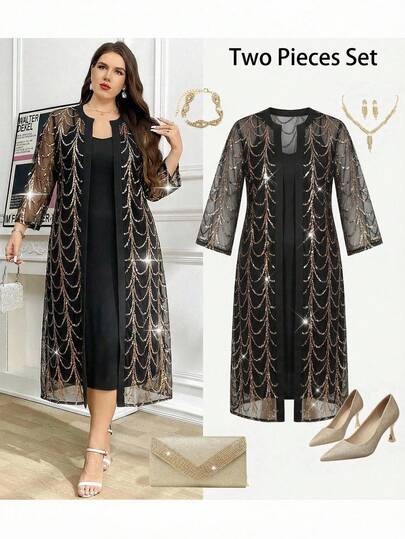 Ellevyn Curvy Plus-Size Women's Romantic And Elegant Two-Piece Set: Shimmering Sequined Long-Sleeved Cardigan + Knitted High-Elasticity Slim-Fit Camisole Dress,Mother Of The Bride Dress Plus Size,Black Sequins,Christmas Set , New Year Set,Saudi National Day Clothing , Saudi National Day Dress, New Year Dress , New Year Women's Clothes , New Year Look ,Long Party Dresses , Elegant Dresses For Party , Curvy Party Dresses,Going Out ,Graduation Dress For Women ,Long Graduation Dress , Graduation Guest Dress , Elegant Long Graduation Dress , Ball Gown , Prom Dresses For Women , Formal Ball Gowns For Women , Prom Dress Plus Size,Sparkly Dress ,Sequin Dress,Night Out,Date Night Outfits Women,Mother Of The Bride Dresses For Wedding,Formal Dresses For Women ,Luxury Dress,Chic Evening Dress ,Black Formal Dress For Women,Mother Of The Bride Dresses For Wedding/Winte Dress With Cardigan Set Two Piece Dress Set Luxury Dress For Women Dress Suits For Woman Modern Motif Dress  Modest Dress