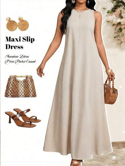 SHEIN Lady 女士休闲无袖连衣裙，纯色，夏季