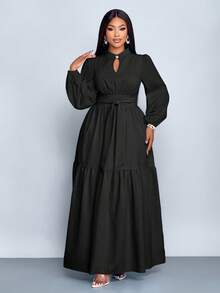 SOLERSUN 大码女装纯色宽松休闲立领前开衩水滴扣高端设计长袖腰带修身A字长裙，优雅舒适休闲时尚通勤气质连衣裙，新款，日常穿着，新年、秋季、冬季、约会、圣诞节，女装 - 黑色 - 查看 3