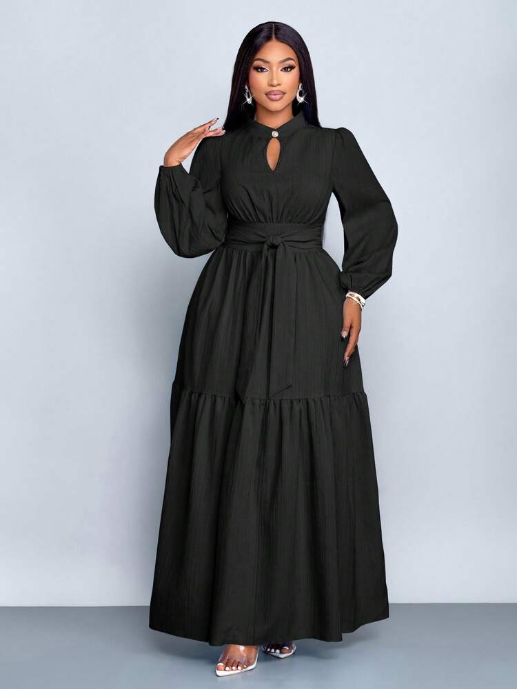 SOLERSUN 大码女装纯色宽松休闲立领前开衩水滴扣高端设计长袖腰带修身A字长裙，优雅舒适休闲时尚通勤气质连衣裙，新款，日常穿着，新年、秋季、冬季、约会、圣诞节，女装 - 黑色 - 查看 3