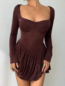 Aloruh Women's Romantic Date Night Stylish Sexy Casual Commute Sparkly Low-Cut Bubble Waist Mini Dress, Spring/Summer - Coffee - View 4