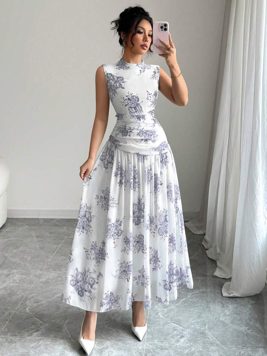 Modelyn 女士优雅印花褶皱腰部无袖休闲连衣裙 - 淺灰紫 - 查看 1