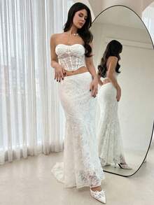 Firerie Body elegante, exquisito, romántico y sexy de encaje transparente para mujer, adecuado para el Día de San Valentín, citas, fiestas, bodas, festivales y vacaciones - Blanco - Ver 3