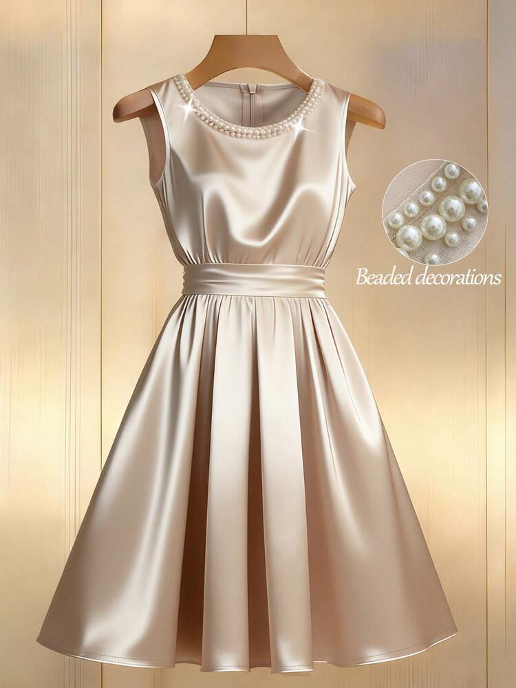 GlowEve CURVE Vestido elegante sin mangas con cuello redondo y decoración de perlas falsas para mujer de talla grande de unicolor - Champán - Añade 1