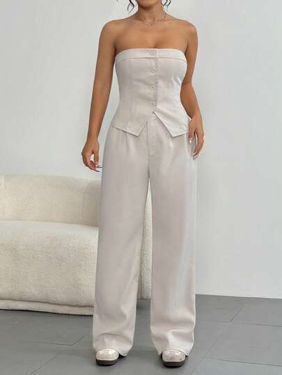 SHEIN PETITE CURVE Plus Size Women Casual Tube Top & Blazer 2 Pieces Set