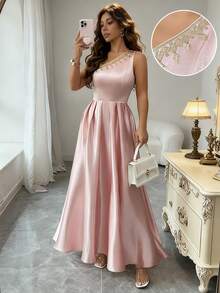 Elenzga Women Elegant Pink Sleeveless Long Dress Asymmetrical Neck With Delicate Gold Embroidery Flared Silhouette Bride Prom Gown - Pink - View 3
