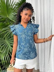 Áo kiểu nữ tuổi teen chất liệu jacquard, viền bèo nhún, thích hợp cho mùa xuân/hè. - Màu xanh lam - Xem 5