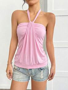 SHEIN EZwear Áo hai dây hở lưng màu hồng dáng rộng dành cho nữ, thích hợp cho mùa xuân/hè. - Hồng - Xem 5