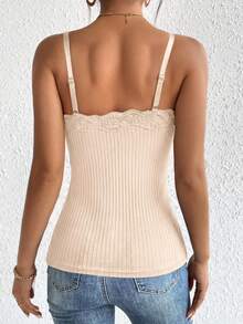 SHEIN Frenchy Contrast Lace Trim Cami V Neck Grain Fabric Top - Khaki - View 2