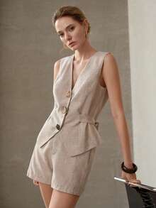 MOTF PREMIUM WOMEN'S DECORATIVE BUTTON TIE WAIST LINEN-LIKE TANK TOP - Khaki - View 6