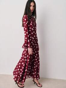 Nöista Polka Dot Long-Sleeve Dress Polka, Flared Cuffs And A Flowing Hem. Semi-Formal Occasions, Night, Weeding Dress, Easter, Spring, Summer. - Burgundy - View 4