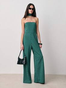 Nöista Off Shoulder Jumpsuit With A Geometric Jacquard Fabric, Fitted Bodice, Wide-Leg Pants And Matching Choker On Neck. Spring, Summer, Wedding Occasion, Formal Event, Easter. - Green - View 4