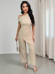 Vavine Women's Solid Color Asymmetric Hem Top And Wide Leg Pants Casual 2 Pieces Set, Spring/Summer - Khaki - View 5