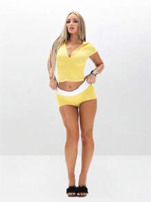BABYPHAT Short Sleeve Hooded Zip Up Crop Top With White Logo Script Design And Front Zipper Closure For Casual Spring Summer - Light Yellow - View 4