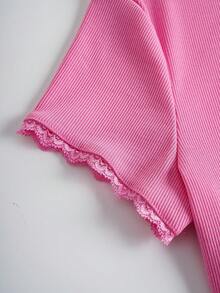 The Winx X SHEIN 女士休闲日常通勤字母印花撞色蕾丝镂空领修身短款T恤，夏季 - 粉色 - 查看 3