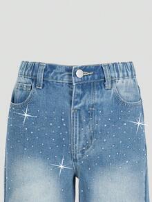 SHEIN Jeans de mezclilla para niñas preadolescentes, nueva colección de verano, casual y cómoda, mezclilla lavada en color azul claro, con aplicaciones de rhinestones, silueta de pierna ancha, tela de algodón suave, adecuada para uso diario, escuela, transporte, reuniones - Azul lavado medio - Ver 6