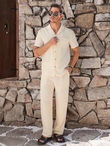 VIVINTIMO 2pcs Men's Solid Color Pocket Front Button Short Sleeve Shirt And Drawstring Long Pants Casual Set, Cozy Outfits - Beige - View 5