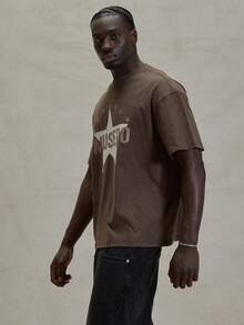 Musero Short Sleeve Crew Neck Oversized Dropped Shoulder Graphic Star Print Tshirt Spring Summer Essentials - Coffee Brown - View 4