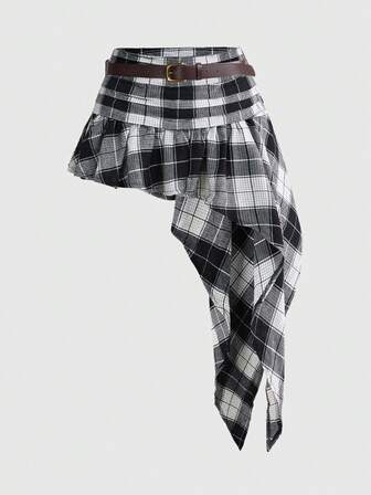 J-Fashion Vintage Grunge Karierter Schnürrock mit asymmetrischen Lagen für Frauen