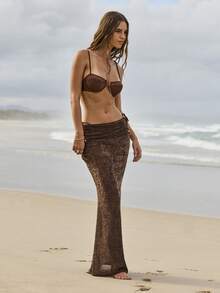 Aralina Mesh Sheer Summer Spring Swim Vacation Beach Cover Up Maxi Tube Skirt Sexy - Brown - View 5