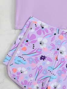 SHEIN 少女比基尼套装，紫色短袖上衣和短裤两件式泳装，时尚休闲优雅，适合少女游泳、夏季度假、海滩和泳池穿着。 - 紫色 - 查看 6