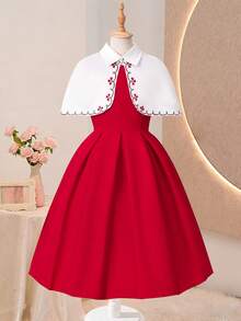 SHEIN 女童针织开衫披肩斗篷+红色吊带连衣裙两件套公主裙，女童翻领斗篷外套收腰公主裙套装，优雅淑女气质~ - 紅色 - 查看 8