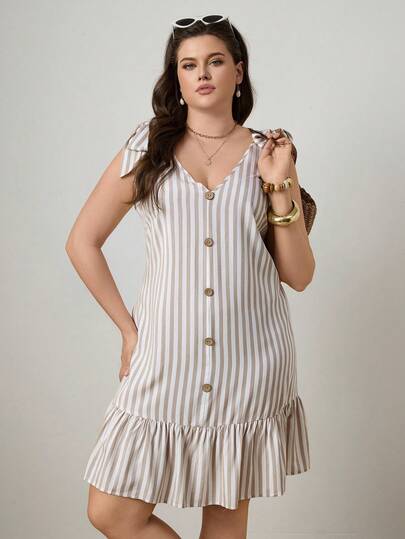 Zelara Vestido de verano con hombros con lazo, falso botón y volante en el bajo