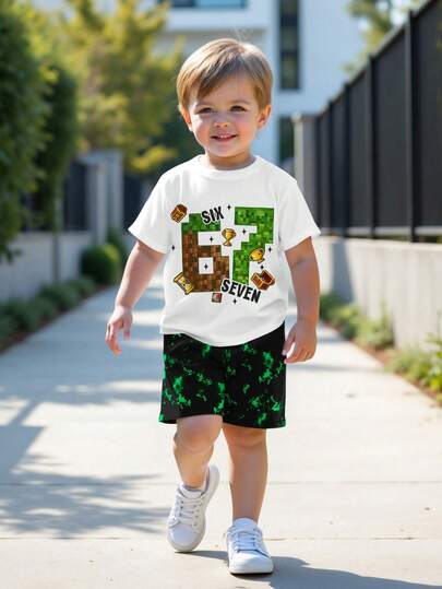 SHEIN 2pcs/Set Y2K Style Tie-Dye Digit 67 Print Round Neck Short Sleeve T-Shirt And Shorts Set, Casual & Fashionable For Young Boys, Suitable For Spring/Summer