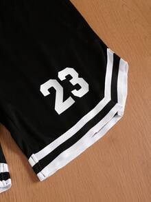 TOKVUE 男士数字印花抽绳腰部宽松休闲篮球短裤 - 黑色 - 查看 6