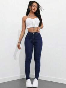 SHEIN PETITE Women's Casual Washed Skinny Jeans - Dark Wash - View 2