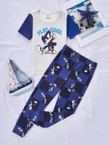 男童可爱卡通印花短袖修身睡衣套装 - 藍色 - 查看 3