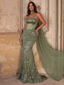 Glamrae 优雅奢华的绿色3D立体花朵串珠弹力针织美人鱼裙，性感无肩带设计，适合婚礼、派对、度假、盛大晚宴等场合（装饰繁复） - 橄欖綠 - 查看 7