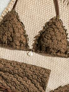 Swim Mod Bộ 3 món gồm áo bikini tam giác buộc dây cổ, quần bikini buộc dây bên hông và váy ngắn, chất liệu vải dệt hoa văn trơn, trang trí vỏ ngọc trai giả, viền bèo nhún, đồ bơi gợi cảm, bộ đồ hai mảnh móc len mùa xuân/hè, bộ đồ bơi hai mảnh móc len đi biển, bộ bikini móc len màu nâu, bộ đồ đi nghỉ mát cho nữ, bộ đồ đi biển cho nữ, bộ đồ phối hợp đi nghỉ mát cho nữ, bộ áo khoác ngoài bikini, bộ đồ che phủ đi biển. - màu nâu - Xem 5