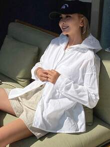 DAZY 女士撞色蕾丝宽松连帽长袖休闲度假防晒衬衫，春夏款 - 白色 - 查看 6