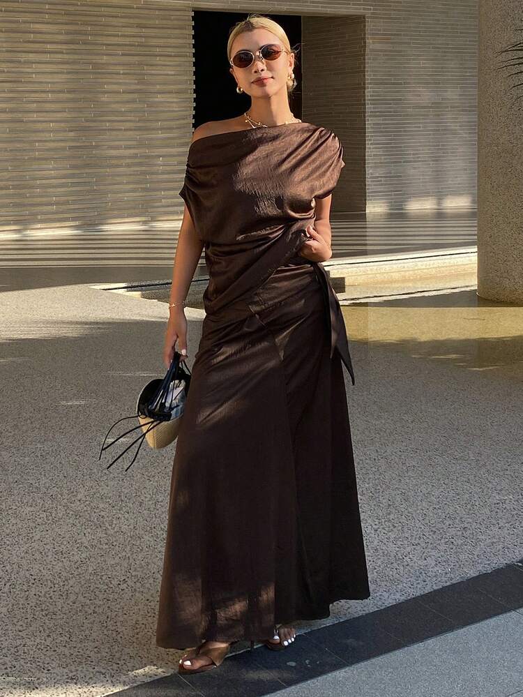 2pcs/Set Women Solid Color Fitted Open Shoulder Short Sleeve Blouse And A-Line Tie-Waist Long Skirt Elegant Outfit, Spring/Autumn Summer