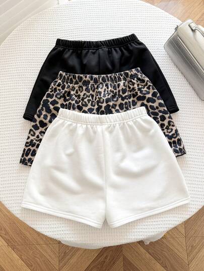 SHEIN 3pcs/Set Tween Girls' Black & White Leopard Print Casual Loose Knit Sports Shorts, Buy 1 Get 2 Free
