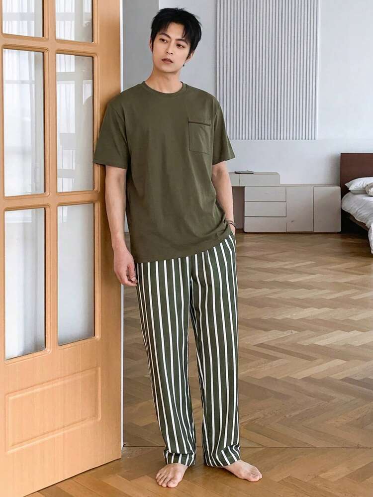 Men's Short Sleeve T-Shirt And Pants Pajama Set, Spring/Summer