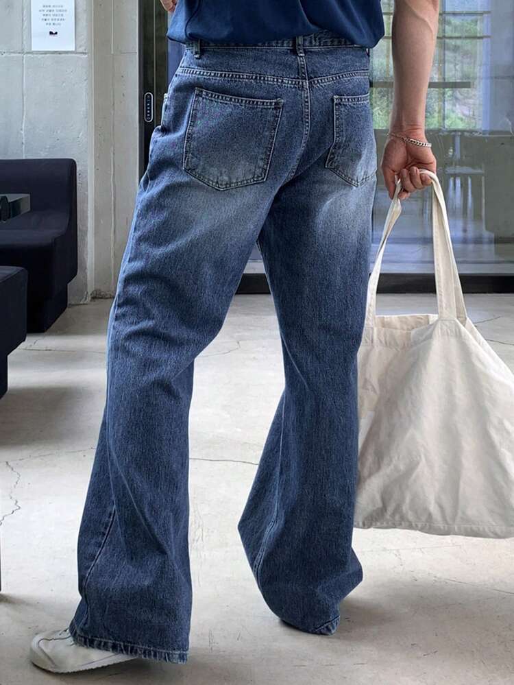 Men's Washed Vintage Blue Long Denim Jeans, Spring