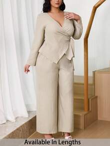 SHEIN Tall CURVE 大码女装春秋季休闲日常工作服简约纯色V领系带裹腰上衣和阔腿裤两件套 - 杏色 - 查看 10