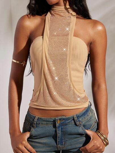 Opulessa Summer Spring Vacation Beach Elegant Casual Going Out Party Wedding Birthday Shiny Rhinestone Women's Y2K Rhinestone Design Cropped Halter Top