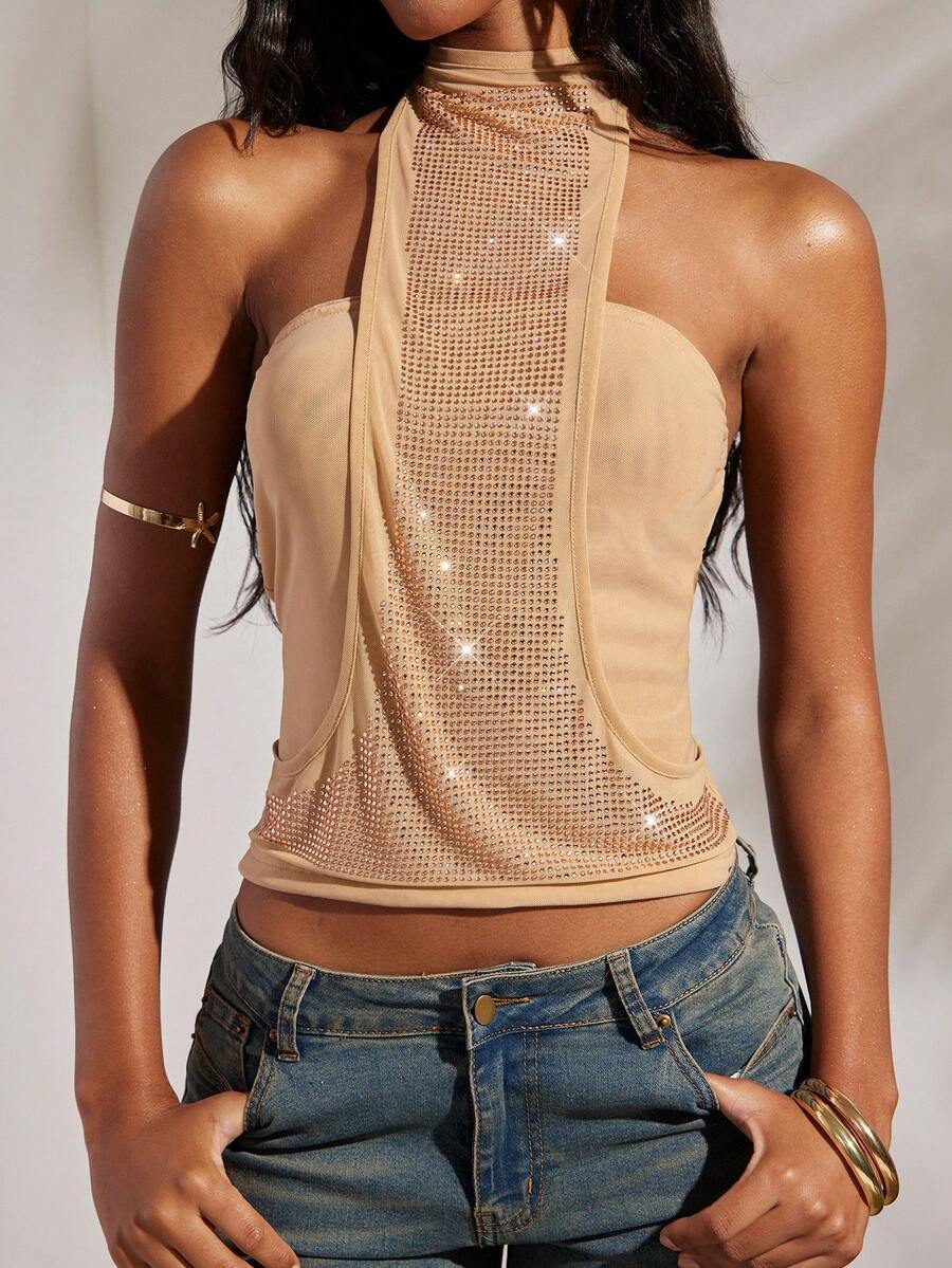 Opulessa Summer Spring Vacation Beach Elegant Casual Going Out Party Wedding Birthday Shiny Rhinestone Women's Y2K Rhinestone Design Cropped Halter Top - Khaki - View 1