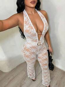 SHEIN SXY 女士露背系带蕾丝拼接性感连体裤，适合约会和派对 - 白色 - 查看 6