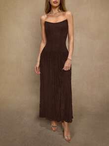 SHEIN BAE 黑色蕾丝无袖V领开衩褶皱连衣裙，适合鸡尾酒会、浪漫约会、秋冬叠穿、派对、正式聚会、夜店、万圣节、圣诞节等场合。 - 咖啡棕 - 查看 6