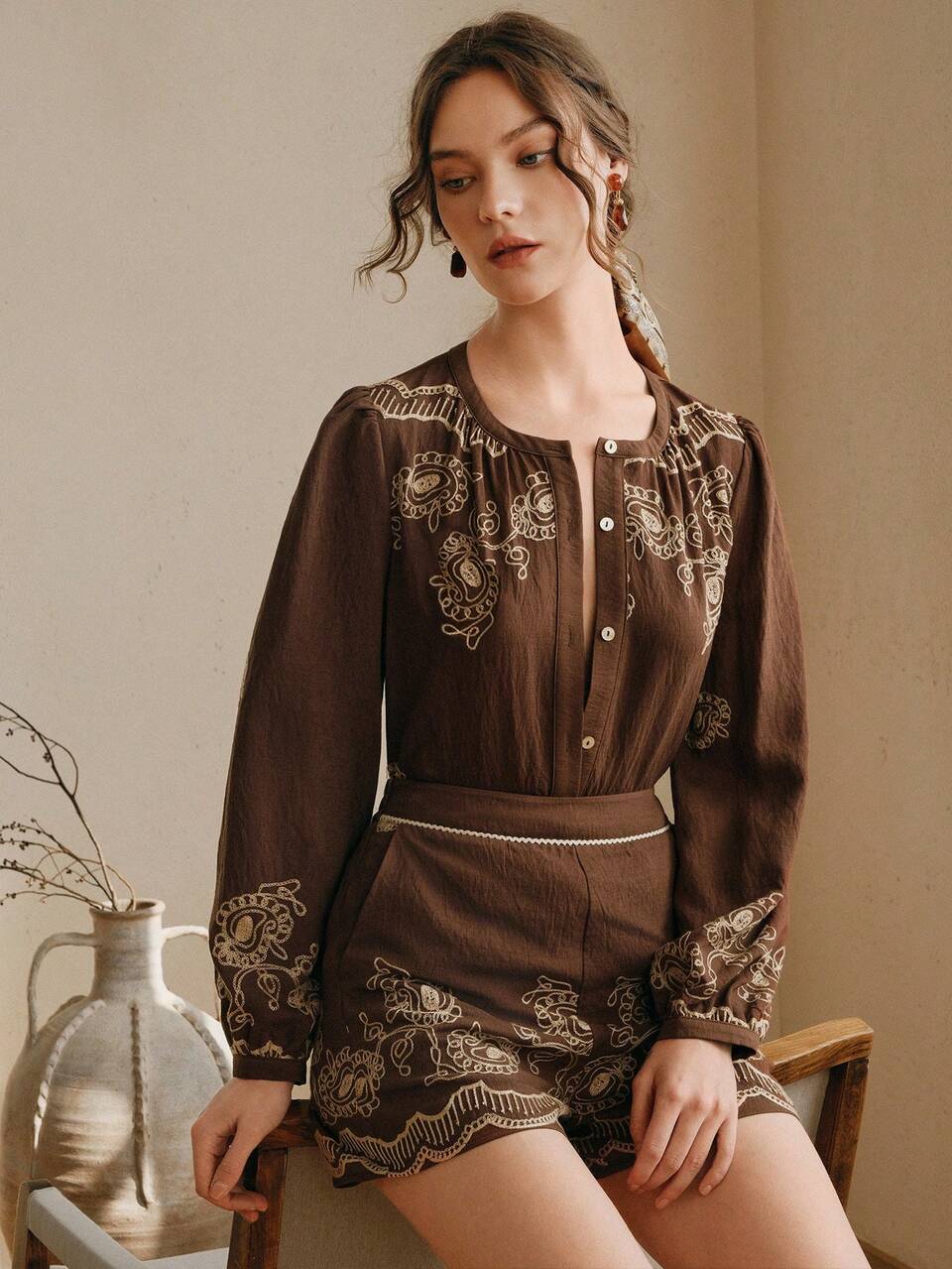 Anewsta Vintage Embroidered Blouse With Intricate Cashew Flower Embroidery, Boho Chic Palace Style Brown Shorts Women