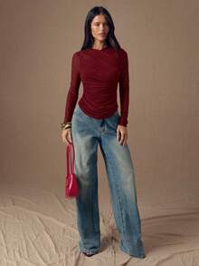 SHEIN BAE Áo thun dài tay xếp ly màu trơn dành cho nữ, kiểu dáng thường ngày. - Màu Đỏ Sâu - Xem 4